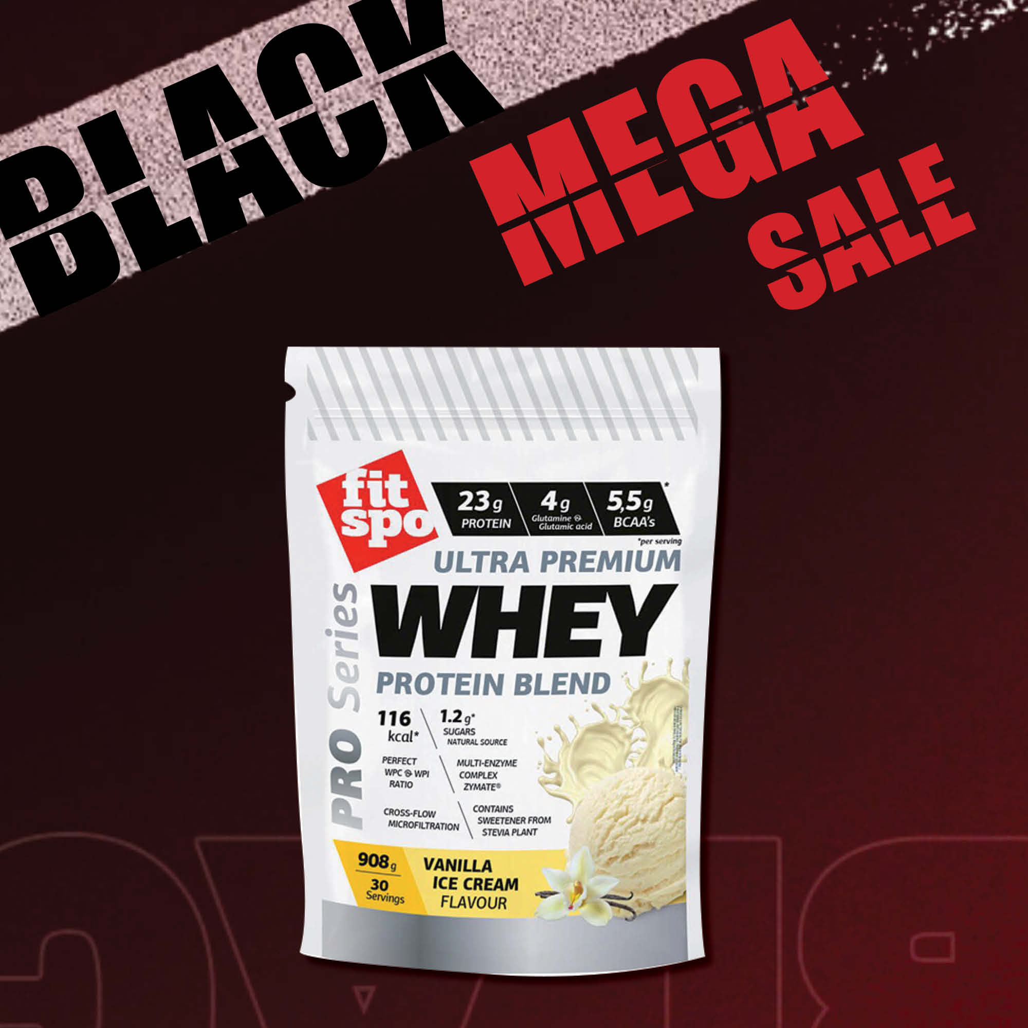 Black Mega Sale Promo Whey Protein Vanilla ice-cream